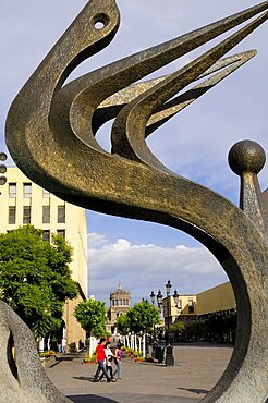 Mexico, Jalisco, Guadalajara, Modern sculpture in the Quetzalcoatl Fountain on Plaza Tapatia.