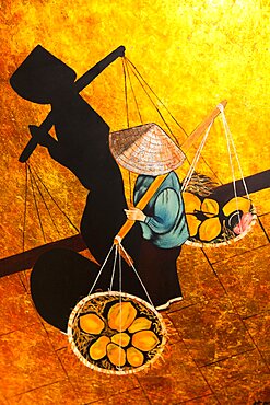 Vietnam, Tourist Goods, Painting of Vietnamese woman carrying goods in baskets on pole across her shoulders.