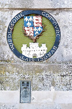 England, Berkshire, Windsor, A heraldic plaque representing the kingdom at the time of King Henry IV 1406-1422 located on the bridge that spans the river Thames linking town to Eton