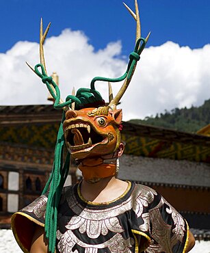 Bhutan, Bumthang District, Tamshing Lhakang, Masked dancer at Tsecchu.