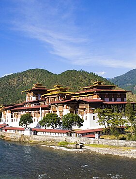 Bhutan, Punakha, Punakha Dzong, administrative centre of the region and former capital housing scared relics, beside the Mo Chhu river.