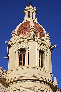 Spain, Valencia Province, Valencia, Spain, Valencia Province, Valencia, Spain, Valencia Province, Valencia, Plaza de Ayuntamiento, Casa Consistorial de Valencia, A tower on Valencia Town Hall.