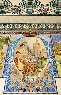 Spain, Valencia Province, Valencia, Estacion del Norte train station, Mosaic tile scene inside the station.