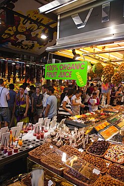 Spain, Catalonia, Barcelona, Interior of La Boqueria market on La Rambla.