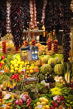 Spain, Catalonia, Barcelona, Interior of La Boqueria market on La Rambla.