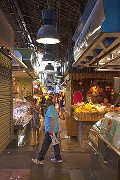 Spain, Catalonia, Barcelona, Interior of La Boqueria market on La Rambla.