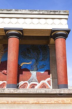 Greece, Crete, Knossos, The north entrance, depicting the charging bull fresco, Knossos Palace.