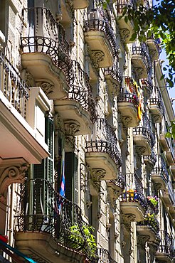 Spain, Catalonia, Barcelona, Apartment balconies in the Eixample district.