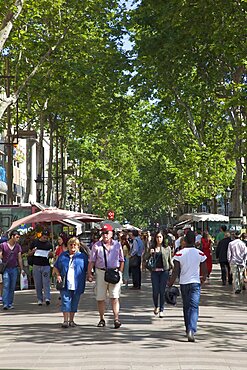 Spain, Catalonia, Barcelona, Tourists walking along the tree lined avenue of La Rambla.