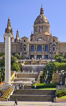 Spain, Catalunya, Barcelona, Montjuic, View of the central area of the Palau Nacional which was built for the 1929 International Exhibition in Barcelona and now houses the National Art Museum of Catalonia.