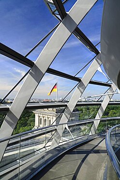 Germany, Berlin, Reichstag Parliament Building, Interior view of the Glass Dome designed by Norman Foster with German flag visible outside.