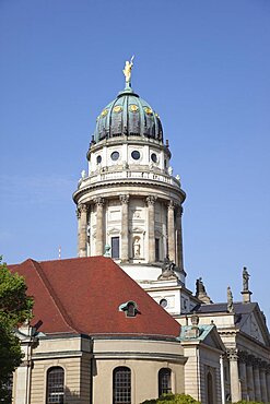 Germany, Berlin, Mitte, Domed tower of the Franzosischer Dom or French Cathedral in Gendarmenmarkt.