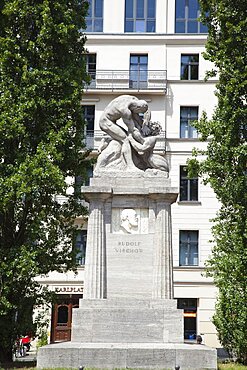 Germany, Berlin, Mitte, Statue of Rudolf Virchow in Karlplatz.