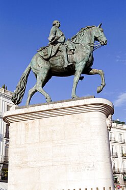 Spain, Madrid, Statue of King Carlos III on Puerta del Sol.