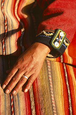 PERU  Clothing Detail of Andean Indian textiles for sale at Chinchero market near Cuzco.  Cusco   Cusco