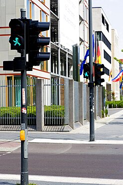 Germany, Berlin, Mitte, a green Ampelmann, or Ampel Man, the symbol for go used on the former East German pedestrian traffic lights created by Karl Peglau and retained after protests about it's scrapping.