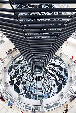 Germany, Berlin, Mitte, Tiergarten, interior of the glass dome on the top of the Reichstag building designed by architect Norman Foster with a double-helix spiral ramp around the mirrored cone that reflect light into the debating chamber of the Bundestag below.