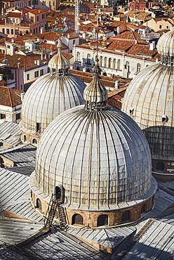 Italy, Venice, St Mark's Basilica, a section of its domes seen from the Campanile di San Marco or bell tower.