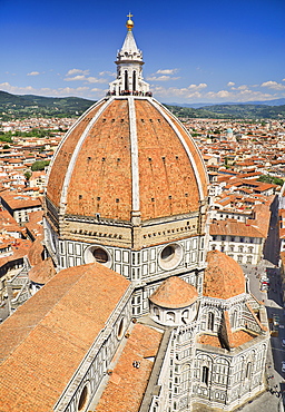 Italy, Tuscany, Florence, Duomo or Cathedral also known as Santa Maria del Fiorel, View of the dome from the cathedral's bell tower.