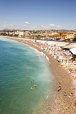 France, Nice, Baie Des Anges, Promenade Des Anglais, and beach.