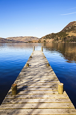 England, Cumbria, Lake District, Glenridding, Jetty on Lake Ullswater, and Place Fell on right.