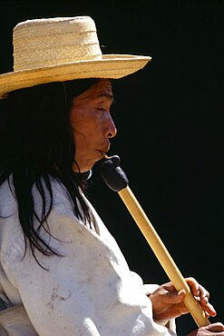 COLOMBIA  General Kogi man playing flute. Kogi flute resembles a huge matchstick