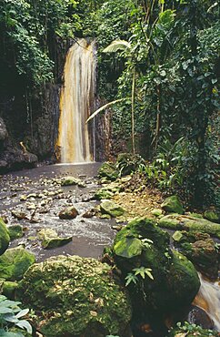 WEST INDIES St.Lucia  Soufriere Diamond Waterfalls falling into river bed lined with lush green foliage
