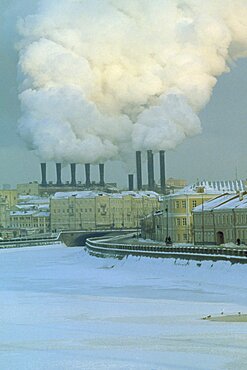 RUSSIA  Moscow Industrial chimneys emitting thick smoke over Moscow in snow. Air pollution