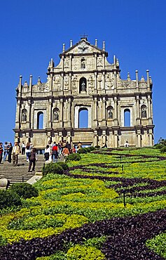 CHINA  Macau Saint Pauls Church. Travel Tourism Holiday Vacation Explore Recreation Leisure Sightseeing Tourist Attraction Tour St Saint Paul Pauls Church Macau China Chinese Asia Asian Far East Eastern Orient Oriental Churches Religion Religious Christianity Holy Divine Worship Worshipping Worshiping Christian Theology Pray Prayer Faith Sacred Tranquility Tranquil Peaceful Summer Bright Sunny Sun Blue Sky Building Architecture Architectural Historical Historic Monument Ancient Old Facade Ornate Vivid Vibrant Unique Design Baroque Stone Carved Carving Ruin Landmark People Visitors Tourists Sightseers Hill Hedge Garden Uphill Steps Hillside Vacation Chungkuo History Jhongguo Macauan Ou Mun Religion Religious Christianity Christians Zhongguo Jhonggu? Zhonggu?