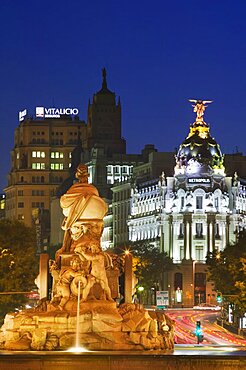 SPAIN  Madrid The fountain in Plaza Cibeles at dusk. Spain Madrid Europe Travel Tourism Holidays Night Ornamental Urban Capital City Landmark Chariot Grand Skyline Belle Epoch Art Deco Architecture Espainia Espana Espanha Espanya European Hispanic Nite Southern Europe Spanish