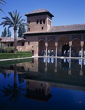The Alhambra, Palace of the Maids general view of the tower reflected in the pond, Granada, Andalucia, Spain