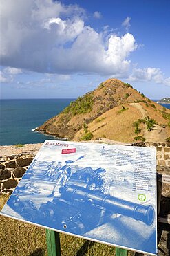 Pigeon Island National Historic Park Signal Hill seen from Fort Rodney with an illustrated display of the fort in the 18th Century in the foreground, Gros Islet, St Lucia