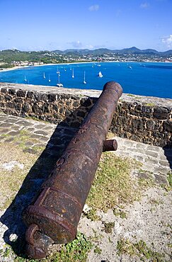 Pigeon Island National Historic Park Cannon at Fort Rodney overlooking Rodney Bay, Gros Islet, St Lucia