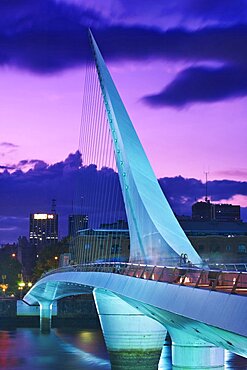 Puerto Madero Puente de la Mujer, A Cantilever spar cable-stayed footbridge that is also a swing bridge illuminated at night , Buenos Aires, Argentina