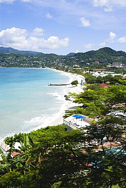 Aquamarine sea and the two mile stretch of the white sand of Grand Anse Beach, Grenada, West Indies, Caribbean, Central America