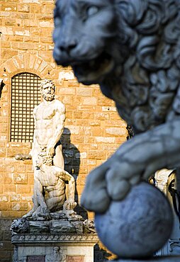 ITALY, Tuscany, Florence, The 1533 statue of Hercules and Cacus by Bandinelli seen through the legs of a stone lion outside the Loggia del Lancia or di Orcagna beside the Palazzo Vecchio in the Piazza della Signoria with a stone lion in the foreground