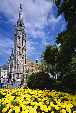 HUNGARY  Budapest  Matthias Church with flower bed full of yellow dahlias in the foreground.