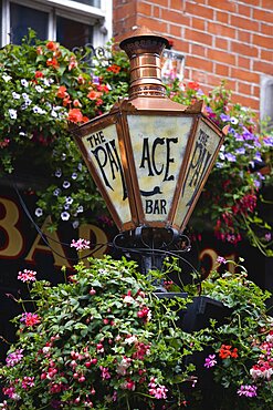 Ireland, County Dublin, Dublin City, Old copper gas lamp and flowers in hanging baskets outside the Palace Bar.