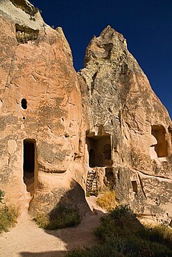 Turkey, Cappadocia, Goreme, Red Valley. Hacli Kilise or The Church of the Cross. Exterior of rock cut cave church on the North rim of the Red Valley.