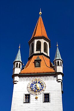 Germany, Bavaria, Munich, Marienplatz. Altes Rathaus or Old Town Hall. Original building dating from the fifteenth century with baroque facade added in the seventeenth century. Detail of clock tower.