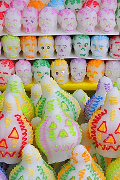 Sugar candies shaped as skulls and lanterns for Dia de los Muertos or Day of the Dead festivities, Puebla, Mexico