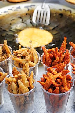 Fried fish snacks for sale in market, Patzcuaro, Michoacan, Mexico