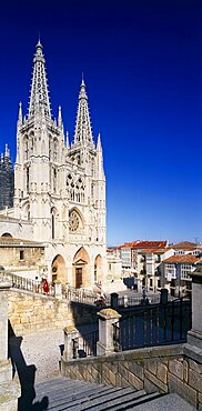 SPAIN Castilla Y Leon  Burgos Province Cathedral.  View from flight of stone steps in the foreground towards gothic facade and twin spires.