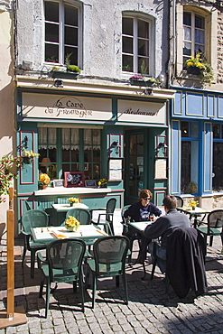 Terrace tables outside the many cafes and restaurants on Rue de Lille in the old quarter of Boulogne, Pas-de-Calais, France, Europe