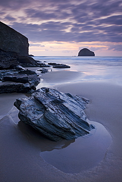 Trebarwith Strand beach at dusk, Cornwall, England, United Kingdom, Europe