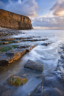 Rocky shore of Nash Point at sunset, Glamorgan Heritage Coast, Wales, United Kingdom, Europe