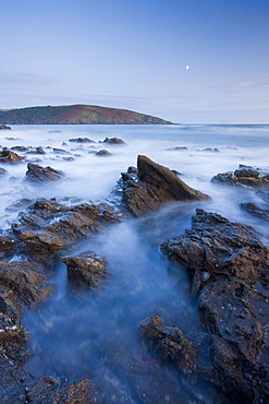 Moon rise over Wembury Bay in South Devon, England, United Kingdom, Europe