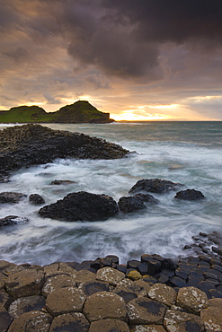 Sunset at Giants Causeway, UNESCO World Heritage Site, on the County Antrim coast, Northern Ireland, United Kingdom, Europe