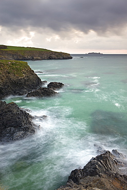 Gulland Rock on the horizon from the cliffs above Harlyn Bay, North Cornwall, England, United Kingdom, Europe