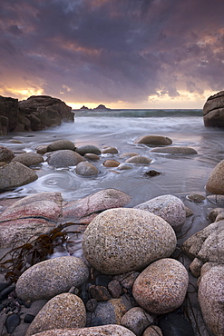 Porth Nanven beach and the Brisons at sunset, St. Just, Cornwall, England, United Kingdom, Europe